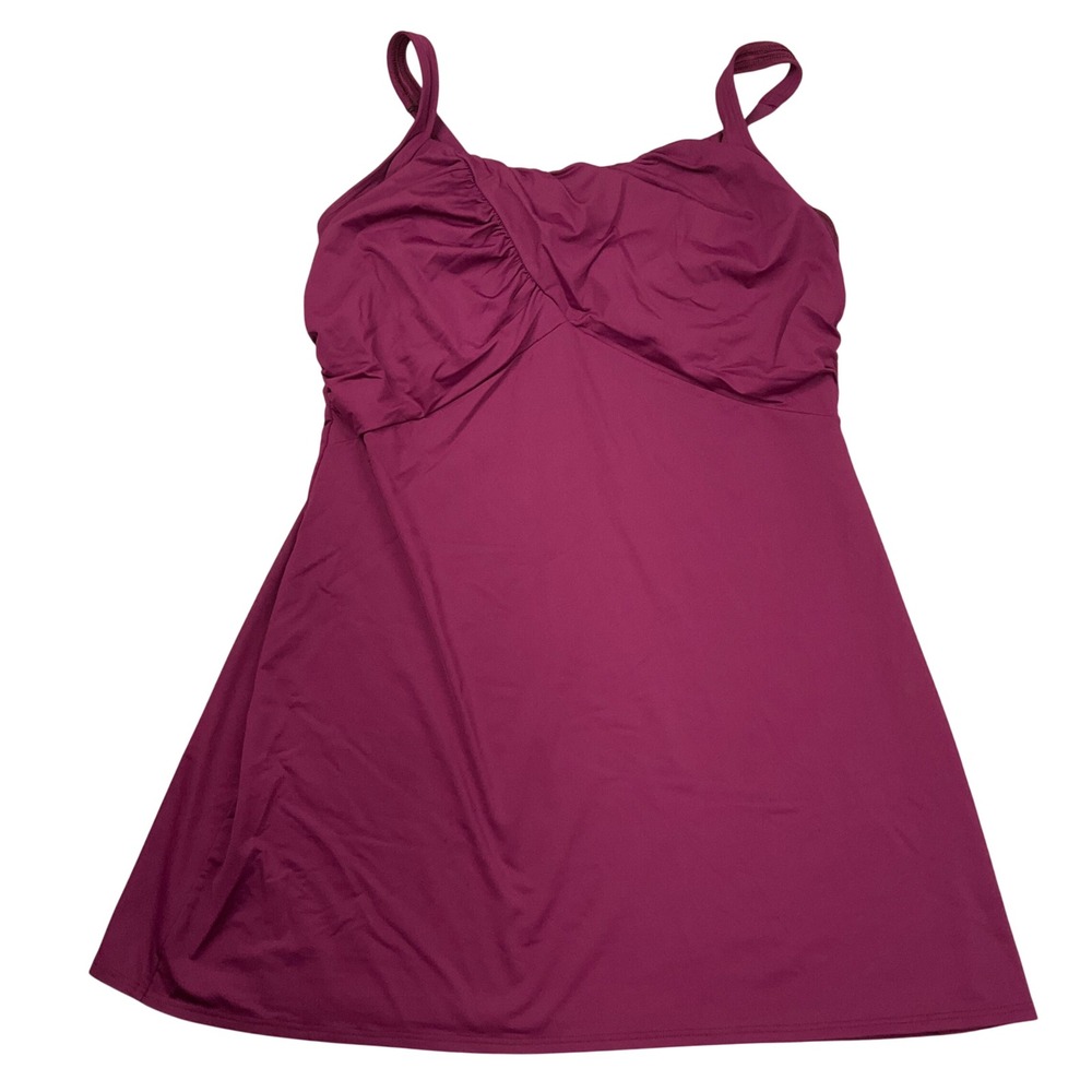 Lands' End Swim Top Womens 16 D Burgundy Modest Swim Ruched Long A-Line